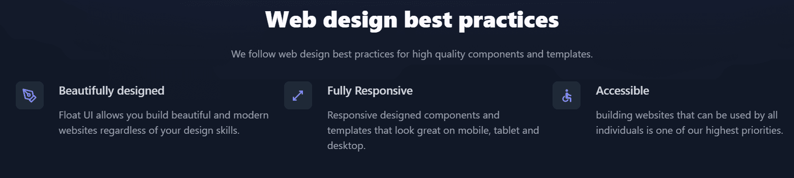 Screenshot from Float UI telling about its features: Beautifully designed, Fully Responsive, and Accessible.