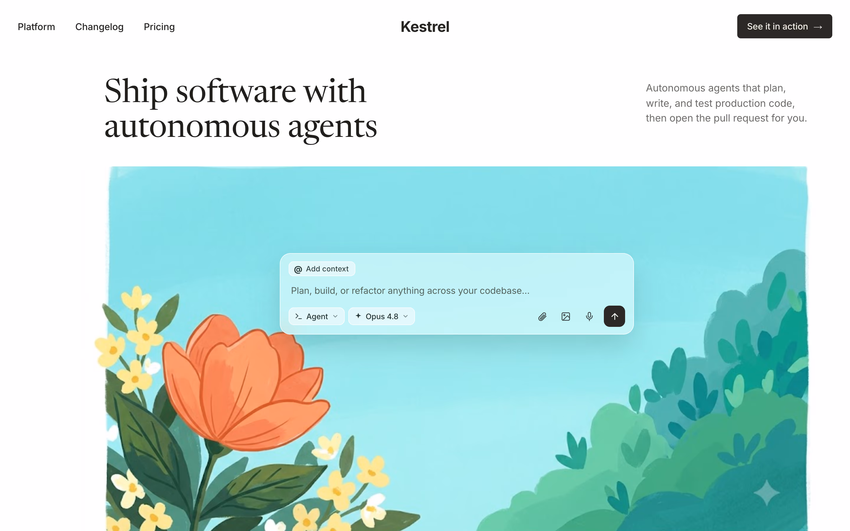 Kombai-generated product hero: dark serif headline above a painted garden illustration under a bright turquoise sky
