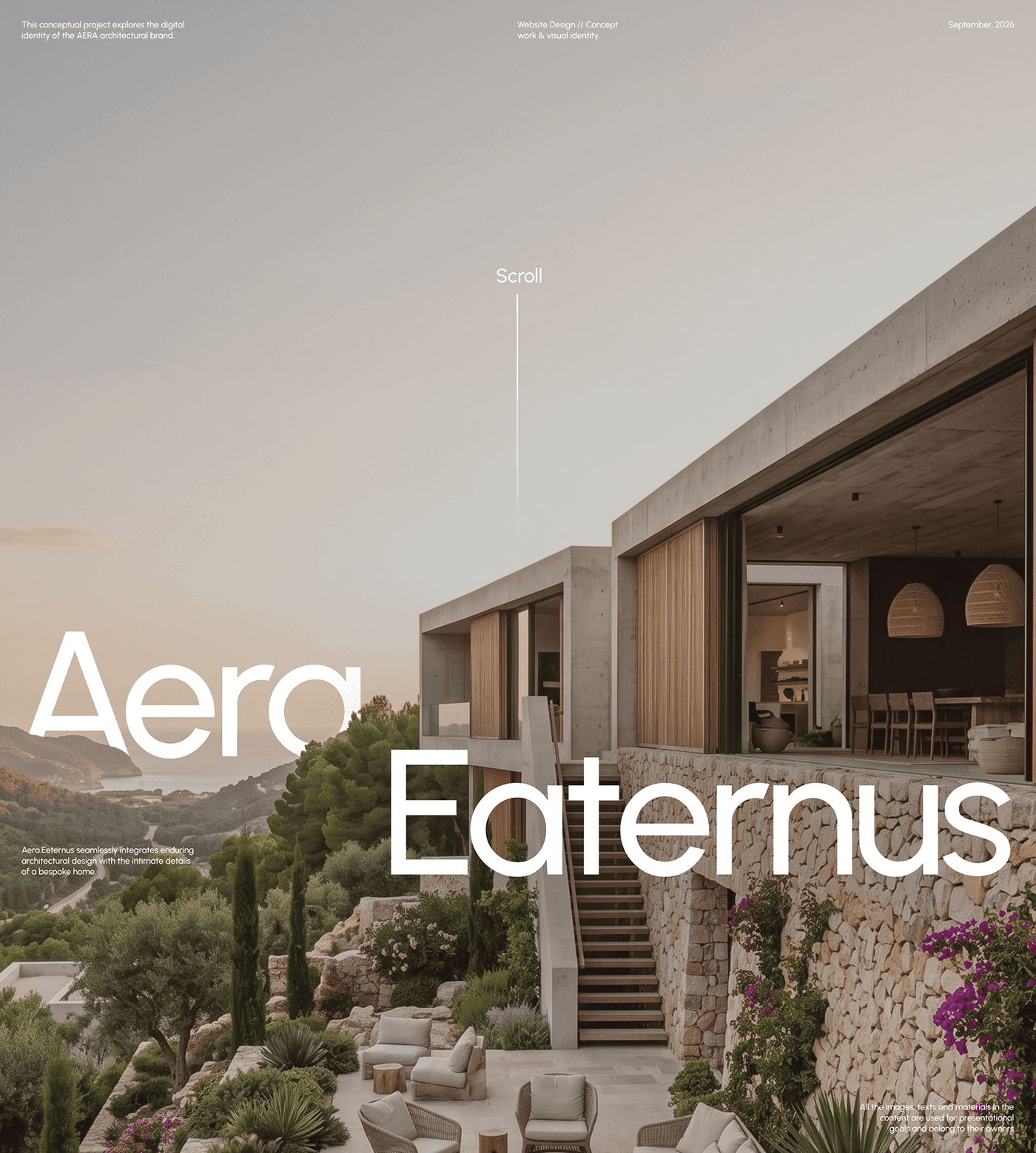 Minimal real-estate website with a Mediterranean villa photograph, oversized white type, and an airy editorial layout.