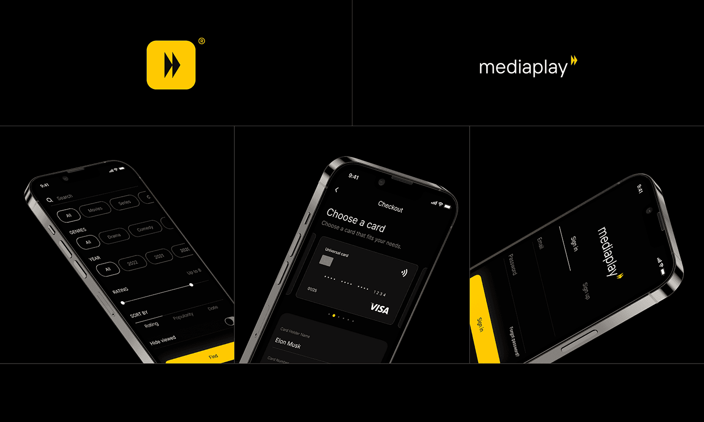 Dark mobile entertainment app with featured film artwork and browsable movie and television cards.