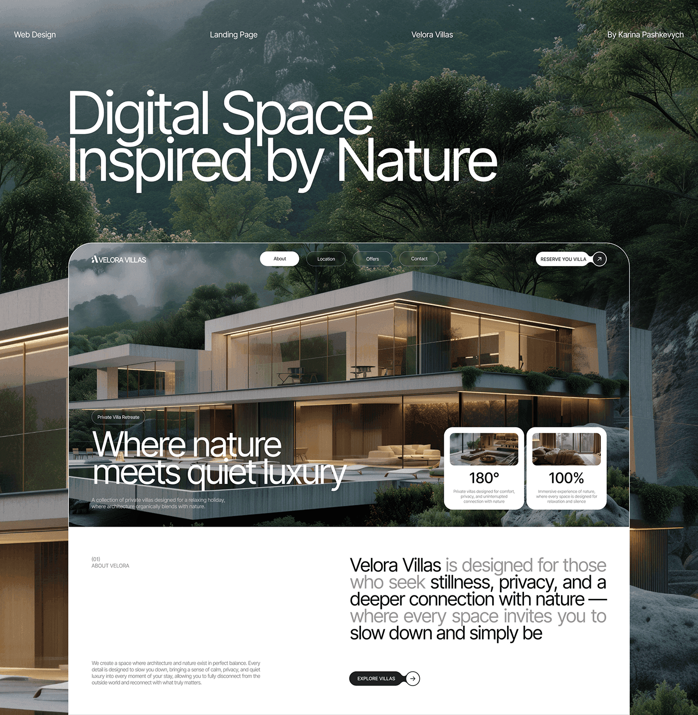 Minimal luxury-villa website with large property imagery and restrained navigation.