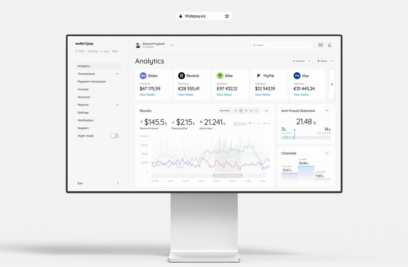 Dark fintech dashboard showing account information, transaction activity, and payment-card controls.