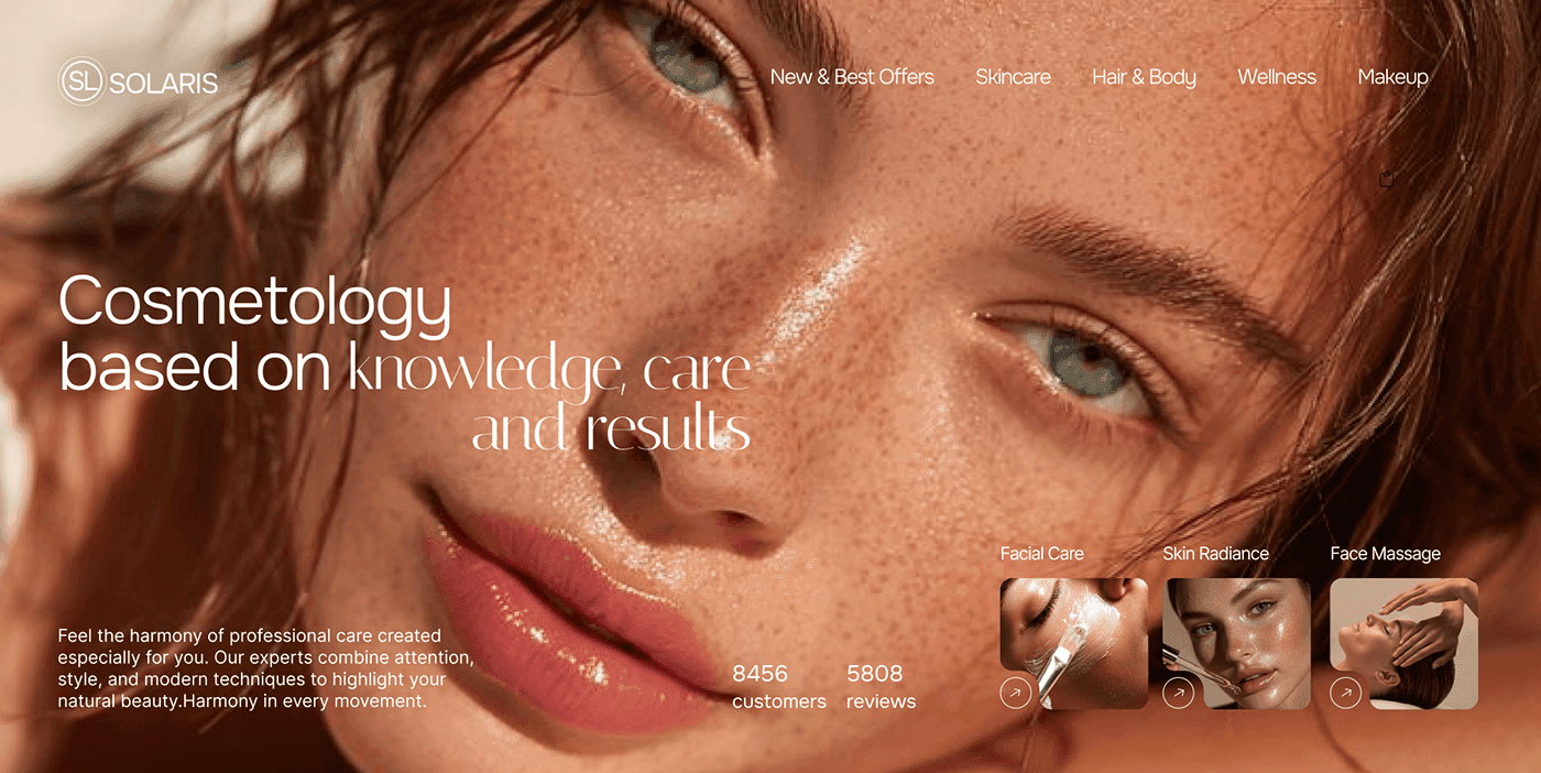 Cosmetology clinic website concept with beauty imagery, service information, and a clean landing-page layout.