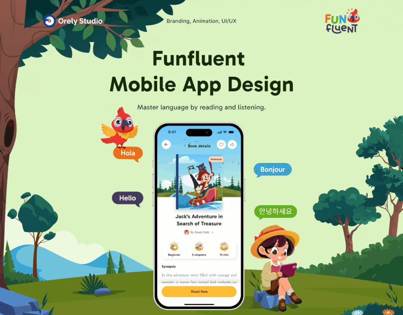 An illustrated storybook app screen titled "Jack's Adventure in Search of Treasure" with multilingual greeting speech bubbles from a parrot mascot.