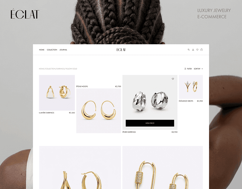 Jewelry ecommerce collection page with a white product grid, gold and silver earrings, slim navigation, and a portrait backdrop.
