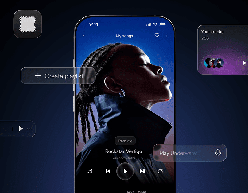 Mobile music app screens for mood-based discovery and song recommendations.