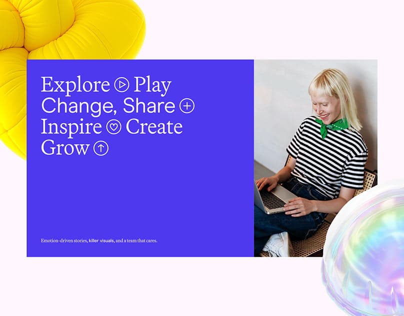Creative-studio website with large violet and blue typography beside an editorial portrait.