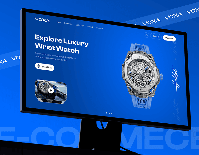 A vivid blue luxury watch landing page hero with an exploded mechanical wristwatch product photo and a navbar for New, Products, Collection, Brand, and Contact.