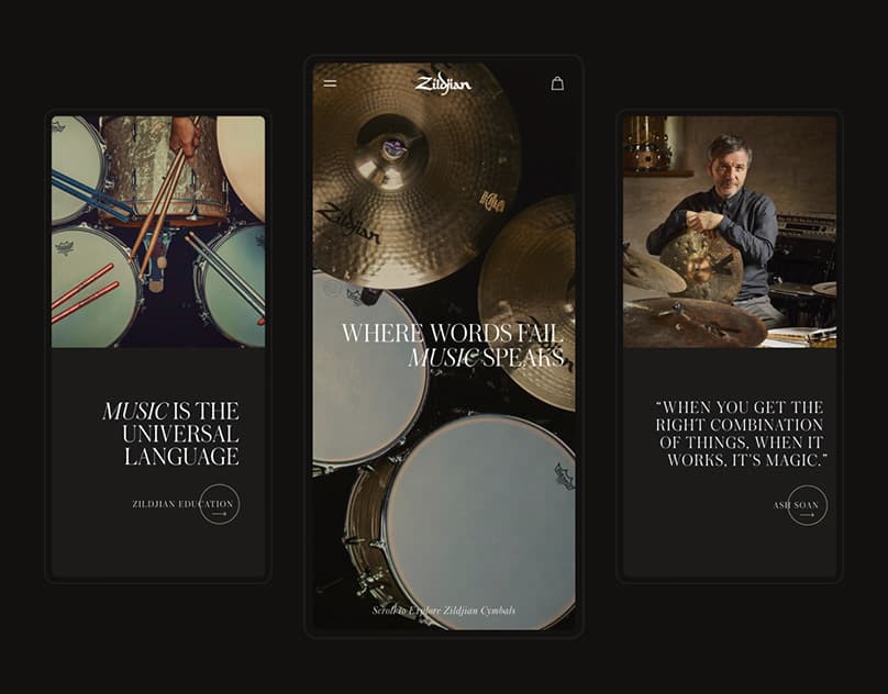 Music-brand website concept using bold typography, product imagery, and a structured editorial layout.