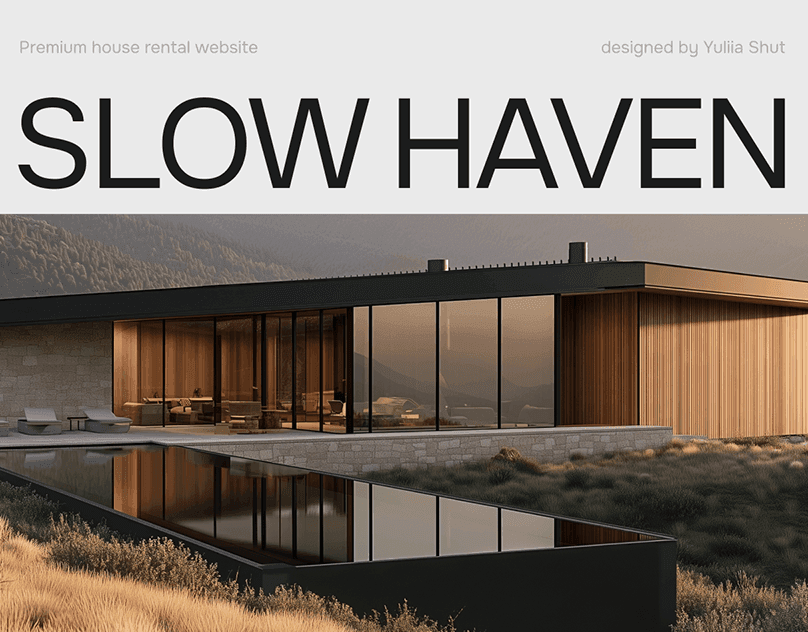 Cabin-rental homepage with huge SLOW HAVEN lettering over a glass house in a wooded landscape.