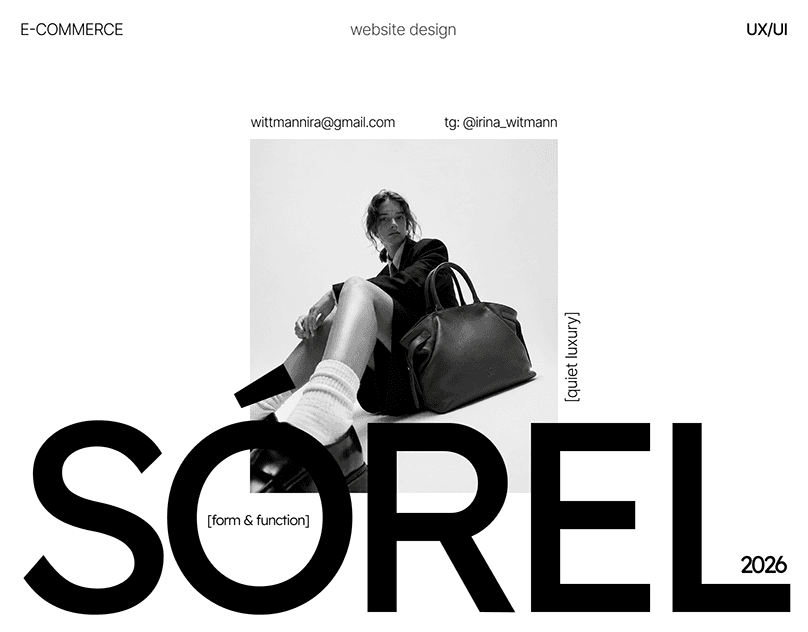 Monochrome fashion ecommerce presentation with a seated model, oversized SÓREL lettering, and minimal page framing.
