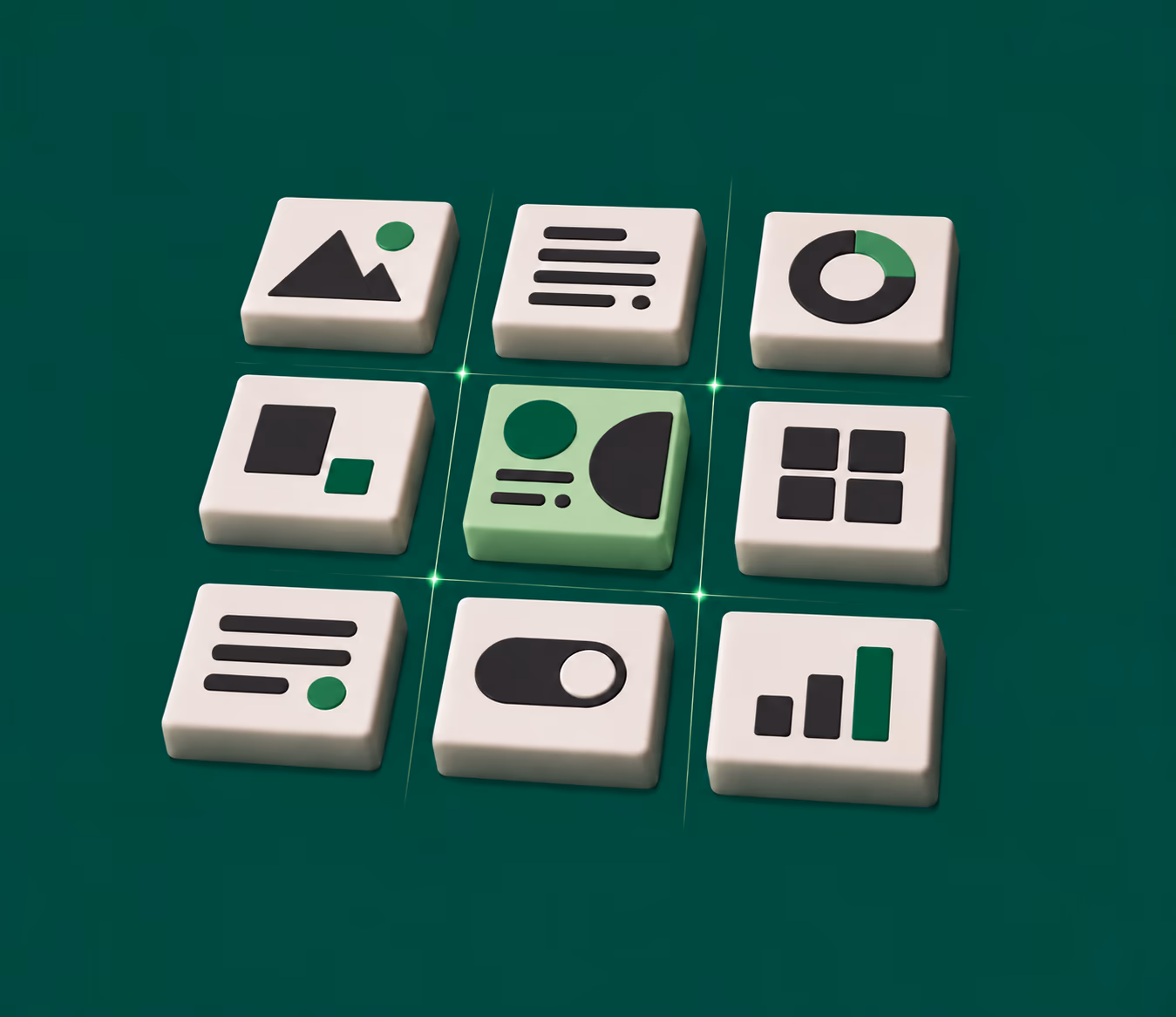 A green design tile sits at the centre of a three-by-three grid of ivory tiles, connected by glowing green seams; the surrounding tiles contain image, text, chart, toggle, and grid symbols.
