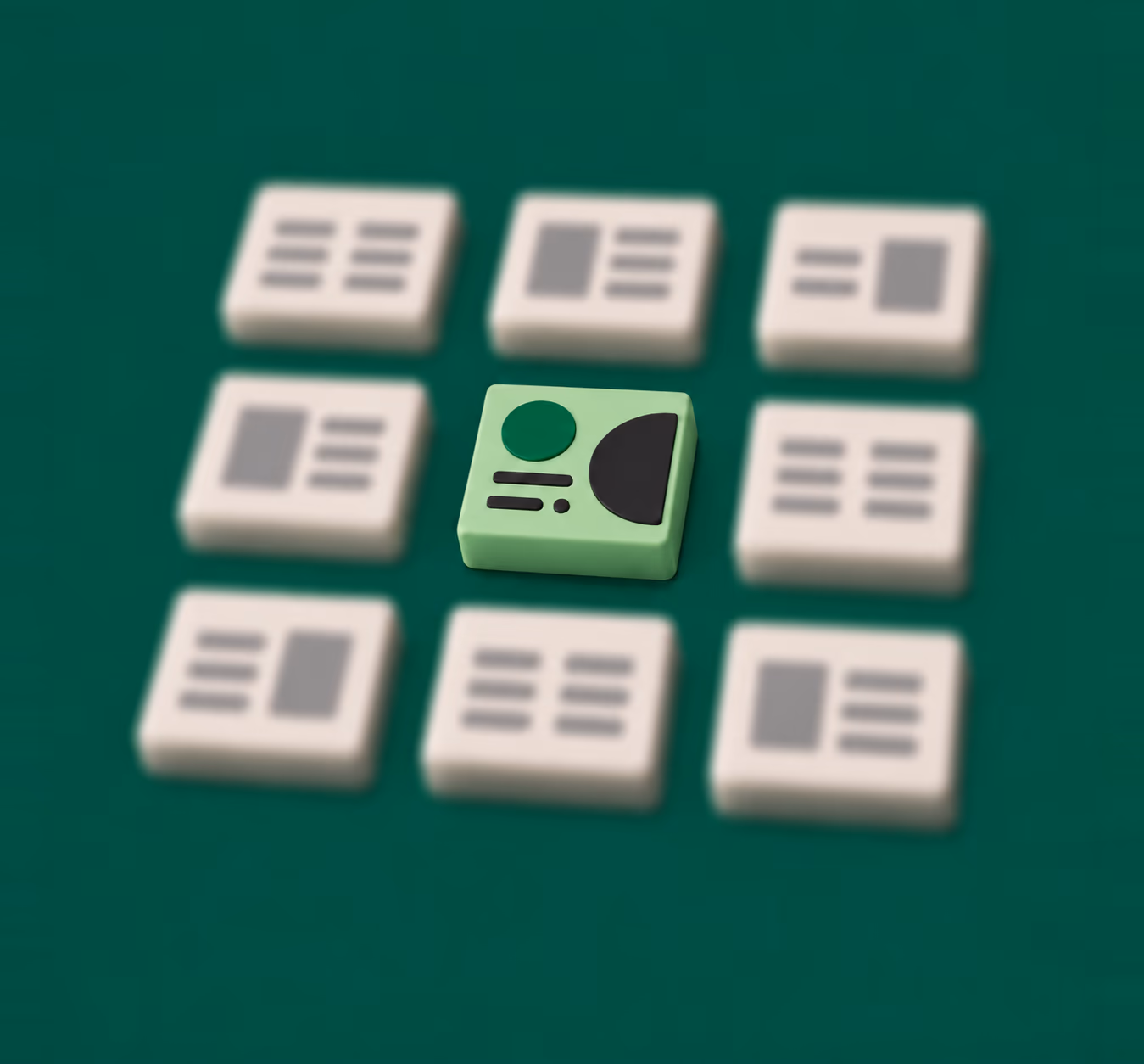 A green design tile with bold geometric shapes stands out among eight blurred ivory layout tiles on a deep green background.